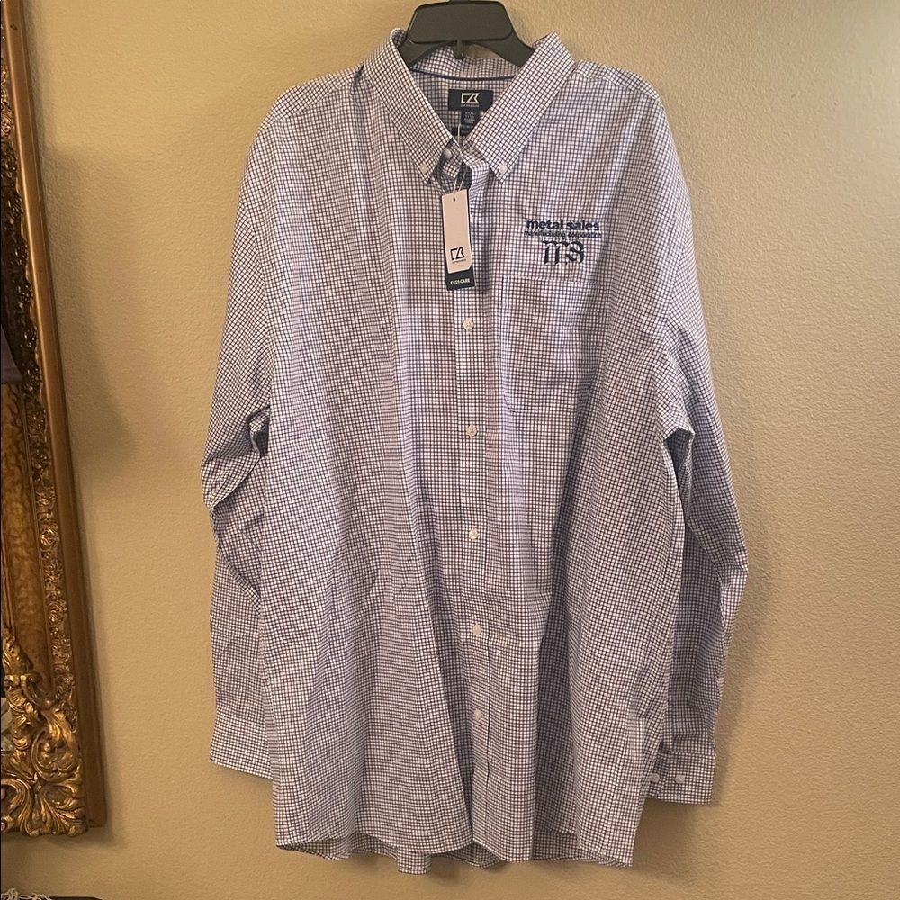 Men's cutter and buck White and Blue Checkered button Shirt with business logo